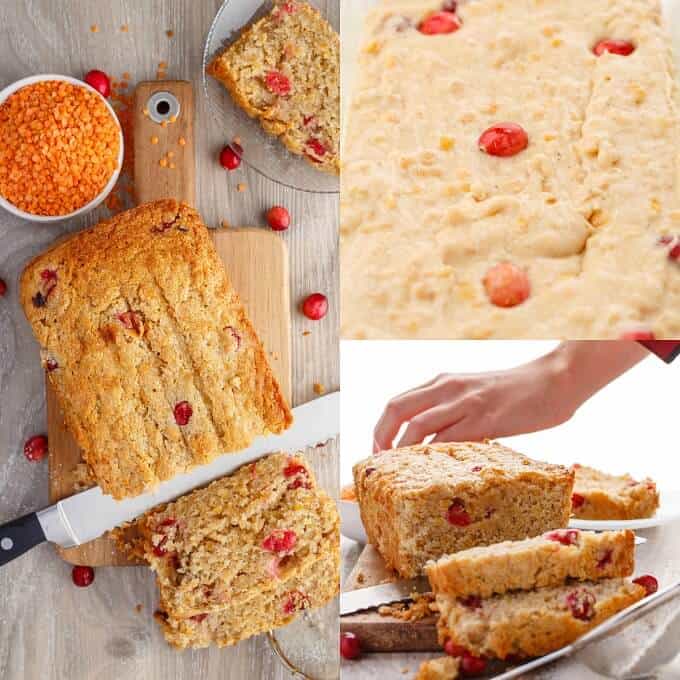 Cranberry Lentil loaf of bread before baking, bread on wooden pad sliced by knife, spilled cranberries and lentils in bowl on the table