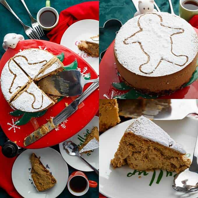 Gingerbread Cheesecake on chritmas themed tray with spatula, knife and on white plaes with spoons