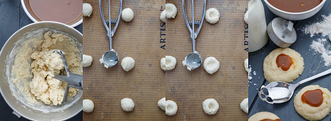 Thumbprint Caramel Shortbread Cookies dough in bows, doug being molder, cookies on gray table with spoon and flour