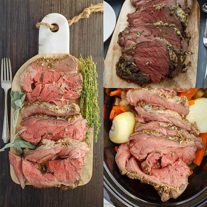 Slow Cooker Herb Butter Inside Round Roast on wooden pad with forks and herbs, round roast beef with vegetables in slow cooker