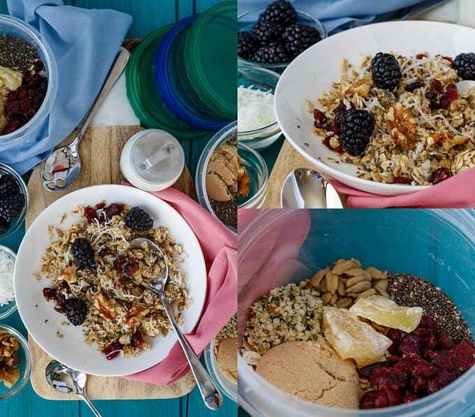 Homemade Instant Oatmeal in the making, oatmeal on white plates with fruits, nuts, spoons on wooden pads