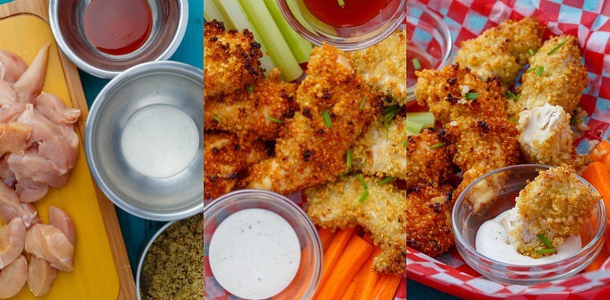 Quinoa-Crusted Chicken Nuggets with vegetables and dips on paper sheet, chicken wings on wooden pad with ingredients in bowls