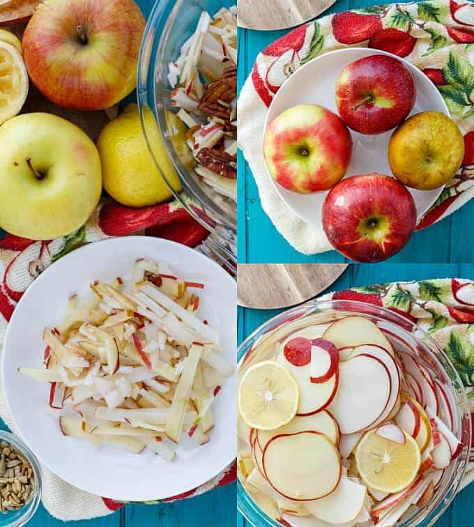 Raw Apple Salad (Vegan & GF) on white plates with raw apples around