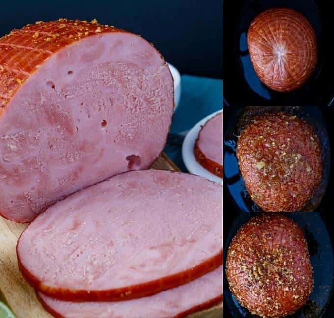 Slow Cooker Honey-Garlic Ham sliced on wooden pad, ham being cooked in slow cooker