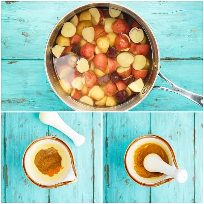 Vegan Potato Curry in pot, curry being mixed in bowl