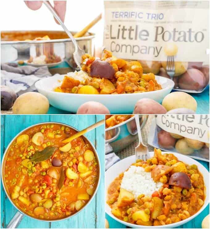 Vegan Potato Curry over Cauliflower Rice on white plates with fork and in pan with wooden spatula