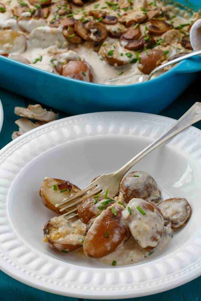 Cream of Mushroom Soup Potatoes on white plate with fork on blue table, in the background blue pot with same dish