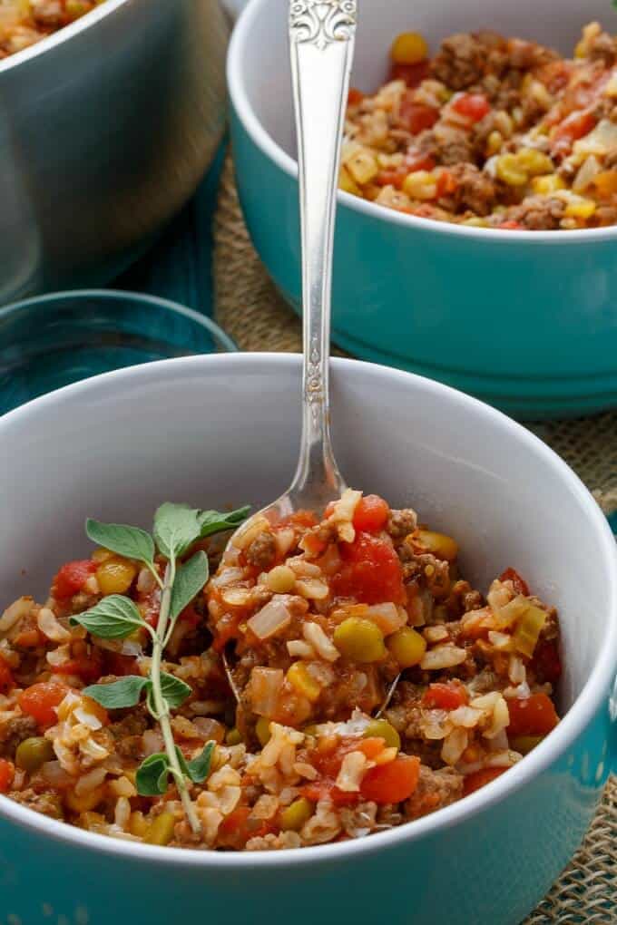 Split Pea Lentil Casserole in blue bowls with spoon