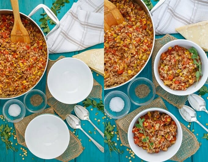 Split Pea Lentil in casserole with wooden spatula with empty and full white bowls on blue table with spoon and ingredients