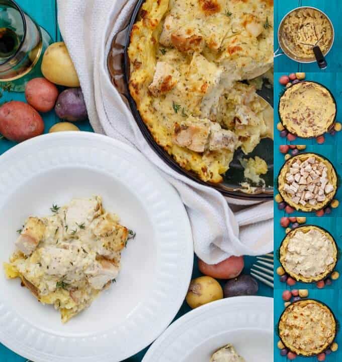 Mashed Potato Chicken Pie on white palate and in casserole on blue table with spilled potatoes around