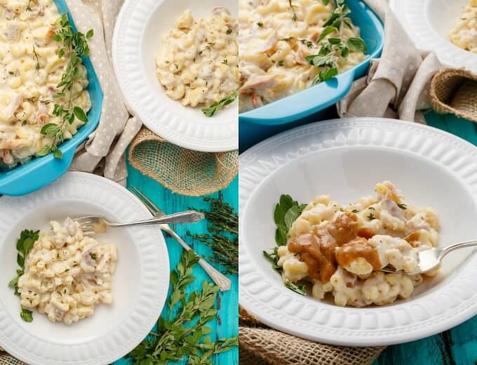 Leftover Smoked Turkey Mac and Cheese with Bacon on white plates with vegetables and forks, in blue casserole