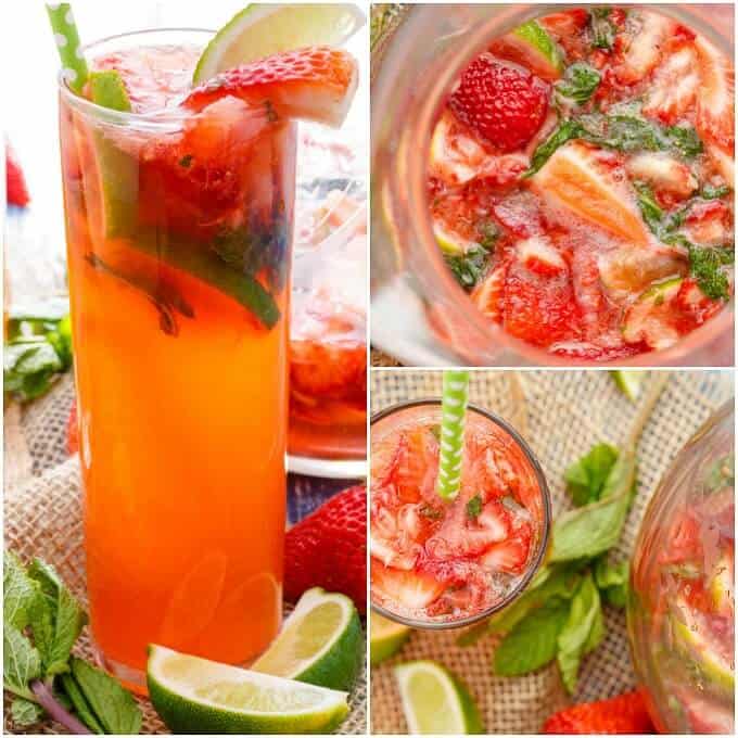Fresh Strawberry Mojitos in glass cups with straw and in glass pitcher with freshly sliced fruits