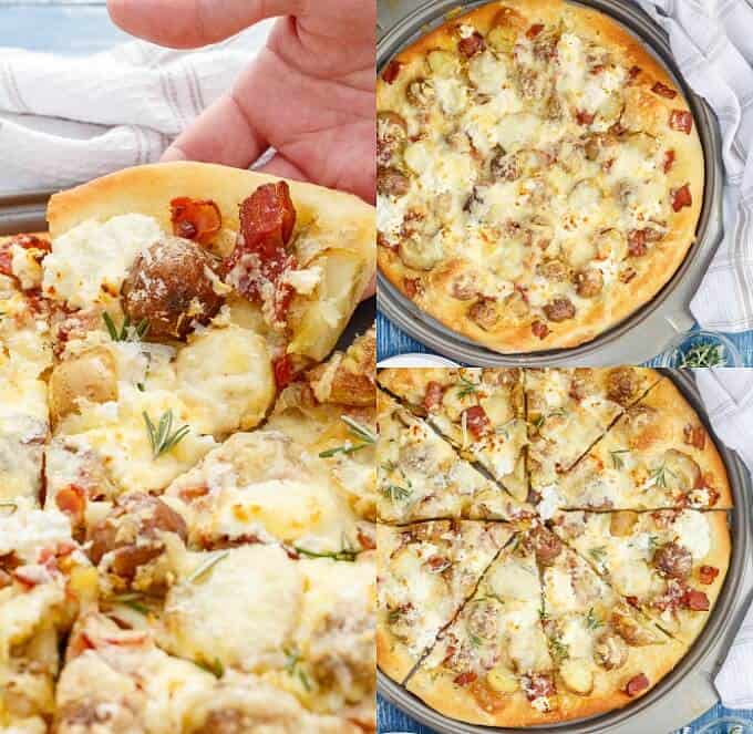 Thin Crust Bacon Potato Pizza on gray tray before and after sliced, slice of pizza held by hand