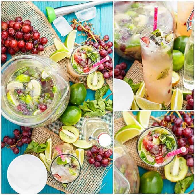 Fresh Kiwi-Grape Mojitos in glass pitcher and glass cups with straw, fresh grapes, limes on blue table