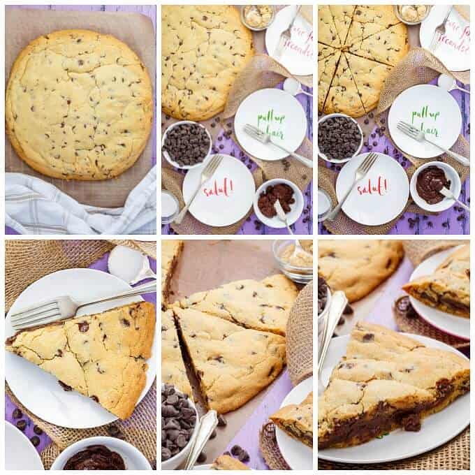Giant Fudge Stuffed Cookie on baking paper, on white plates with forks, bowls of chocoalte chips and pudding, chocolate chips scattered on puple table