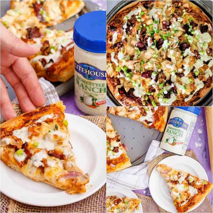 Chicken Bacon Ranch Pizza on white plates and gray tray with LiteHouse dressing in jar
