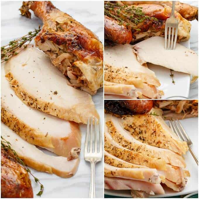 Grilled Herbes de Provence Turkey  sliced with fork on white gray background