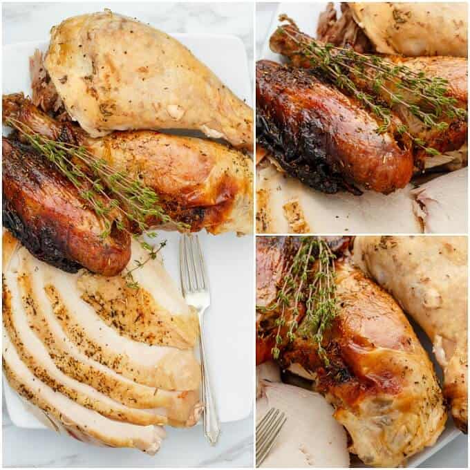 Grilled Herbes de Provence Turkey on white tray with fork and herbs