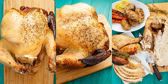 Grilled Herbes de Provence Turkey  on wooden pad being sliced with plate with side dish and vegetables