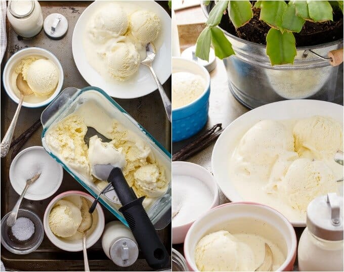 Homemade Vanilla Bean Ice Cream on gray tray in glass container and white plates and bowls with spoons. Different views