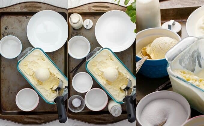 Homemade Vanilla Bean Ice Cream in glass container on gray tray with white plates and bowls, different views