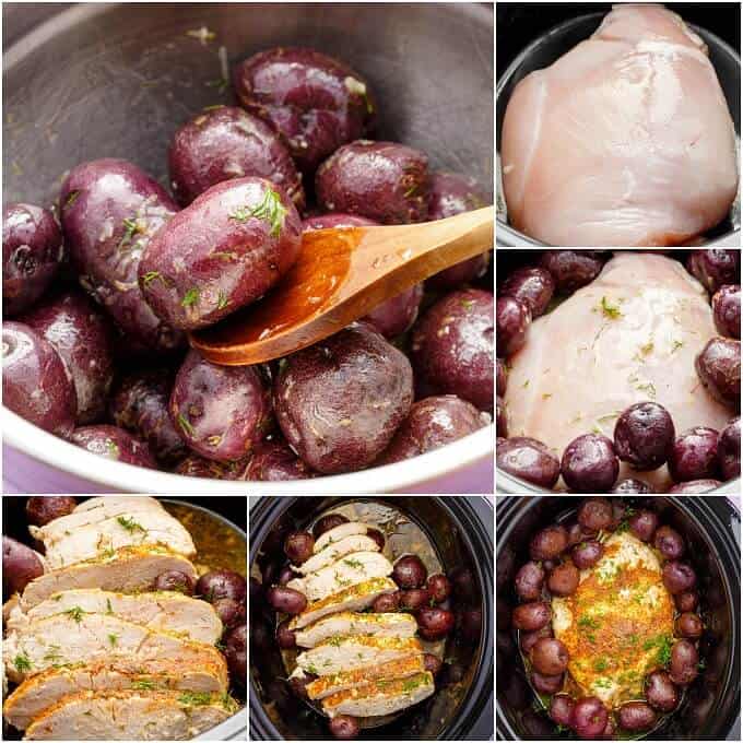 Potatoes in slow cooker and turkey breast being cooked, sliced and seasoned