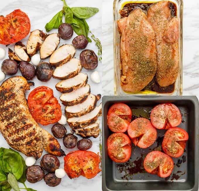 Grilled Turkey Caprese Salad on white gray tray with tomates, herbs, potatoes, mushrooms, seasoned meat and tomatoes in containers