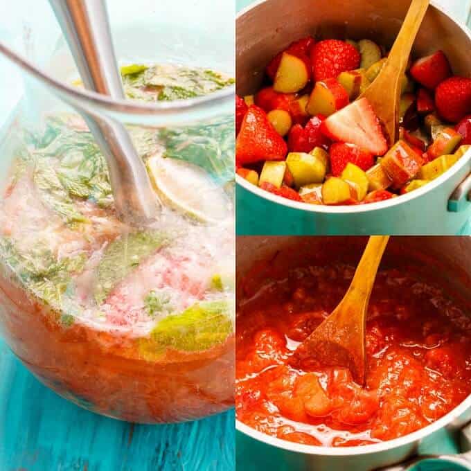 Strawberry-Rhubarb Mojito in glass pitcher. Rhubard and strawberries in pot before and after cooking with wooden spatula
