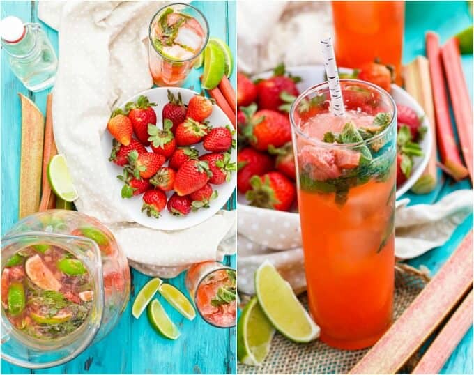 Strawberry-Rhubarb Mojitos in glass cup and pitcher with fresh ripe strawberries, limes and rhubarb on blue table