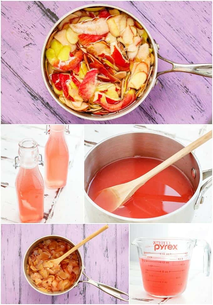 Homemade Apple-Infused Simple Syrup step by step.. Slcied apples in pot, being cooked and added ingredients