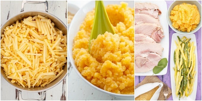 Mashed Rutabaga  before and after mashing, in pot and on white bowl with green spatula, Mashed rutabaga in bowl next to ham on white tray, vegetable on whtie tray and bowl of sauce on purple table