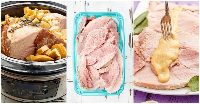 Slow Cooker Honey-Mustard Apple Ham in slow cooker, in container and on white tray with fork, sauce and herb