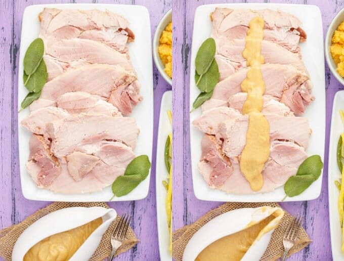 Slow Cooker Honey-Mustard Apple Ham on white tray with  sauce and herbs with bowls of sauce on purple table
