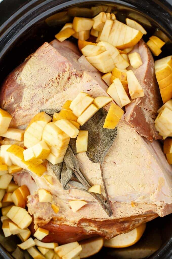 Slow Cooker Honey-Mustard Apple Ham in slow cooker before cooking