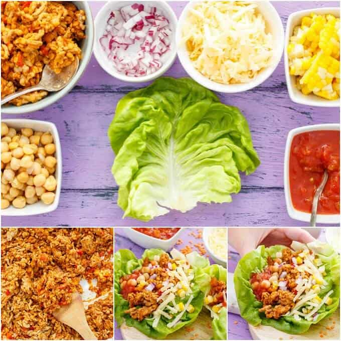 Taco Turkey-Lentil Lettuce Wraps process of making with all ingredients in bowls on purple table