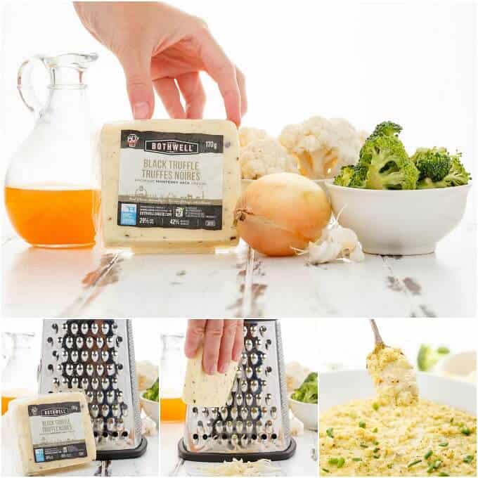 Cheesy Broccoli-Cauliflower Risotto in white bowl with spoon. Cheese being sliced. Ingredient in small bowls, onion, cheese touched by hand, glass pitcher on white table