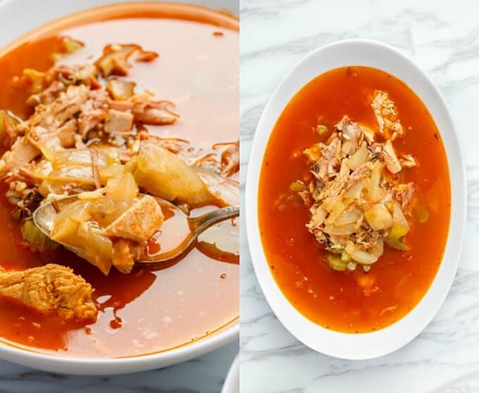 Tomato Turkey Soup with Wild Rice on white plates with spoon, Diffferent views