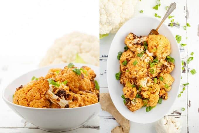 General Tso's Cauliflower in white bowl with spoon next to fresh cauliflower