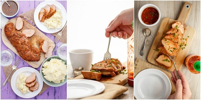 Slow Cooker Sriracha Pork Tenderloin on woodenpadm oicked by fork held by hand next to white plate with bowl of sauce and plastic bottle. Dish on white plates with mashed side dish, bowl of side dish, bowl of sauce, forks, ingredients on purple table