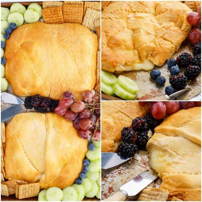 Canadian Cheese Stuffed Crescent Rolls on wooden pad with knives, blackberries, blueberries, grapes, cucumber and crackers