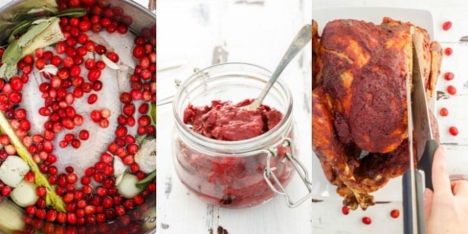 Roasted Cranberry Butter Turkey being cutted by knife, cranberry butter in glass jar with spoon, cranberries with herbs in pot