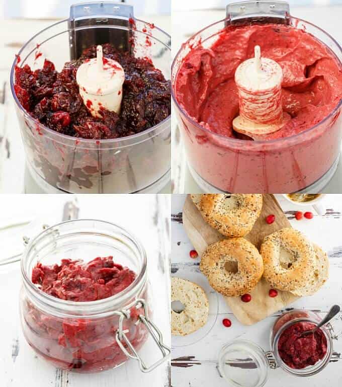 Slow Cooker Cranberry Butter  in mixxer, in glass jar, in glass jar next to wooden pad with doughnuts and scattered cranberries(Vegan/GF)