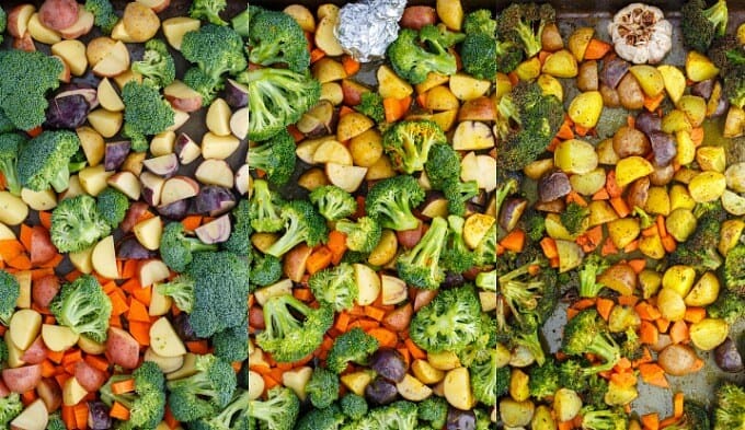 Sliced potatoes and vegetable being roasted