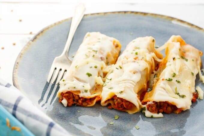 Turkey-Lentil Cannelloni on gray tray with fork
