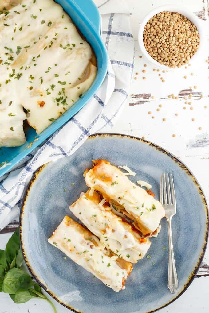 Turkey-Lentil Cannelloni  in blue casserole and gray plate with fork. Bowl of lentils, herbs, cloth wipe and scattered lentils on table