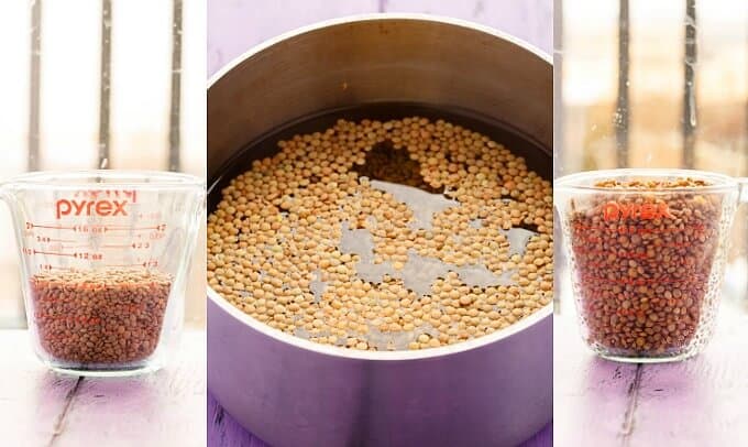 Lentils in containers, lentils in pot with water