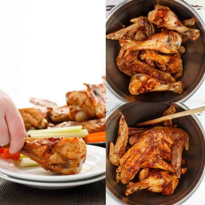 Zesty Maple Turkey Wings in clooking pot with wooden spatula. Wing on white plate touched by hand with vegetable, rest of wings in the background