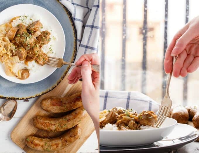 Beer Gravy Sausage Dinner on white plates with fork held by hand, sausages on wooden pad