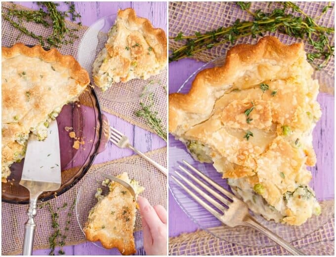 Hearty Vegetarian Pot Pie on glass tray with spatula, on glass plates with forks and herbs on purple table