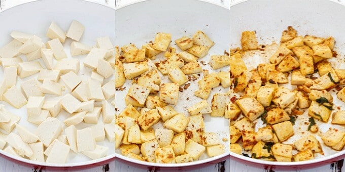 Inauthentic Thai Basil Tofu on white pad being seasoned and cooked